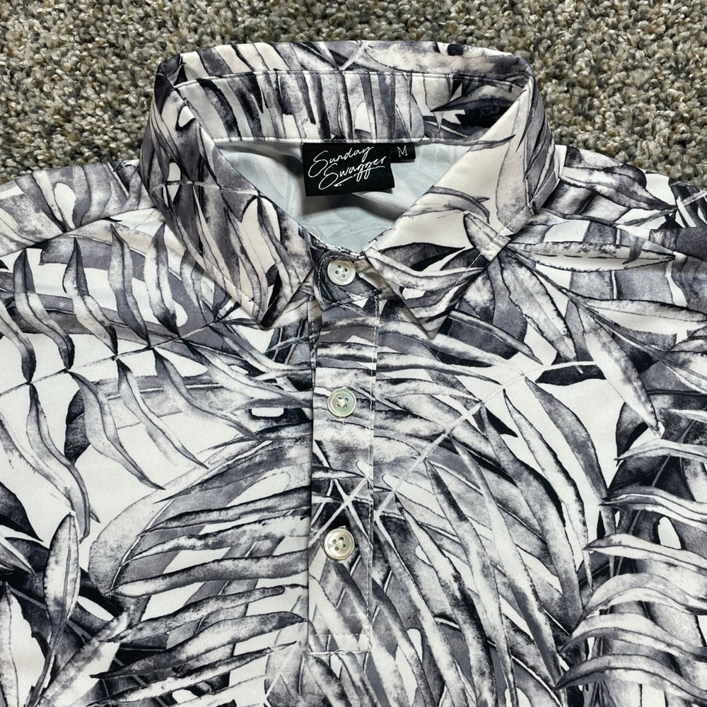 Sunday Swagger Men's Medium Golf Polo Shirt Black White Tropical Palm Leaf Print